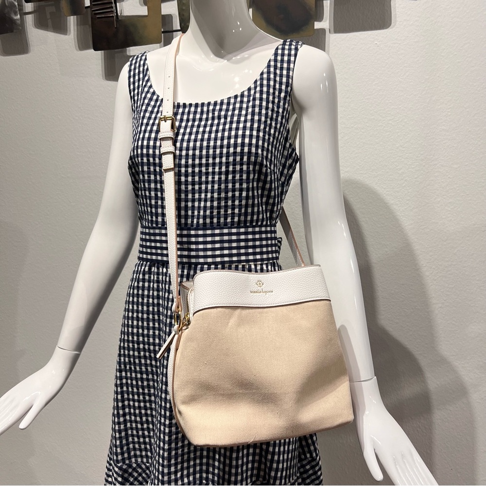 Nanette Lepore Colleen Canvas Triple Section Bucket Crossbody Bag Natural Tan